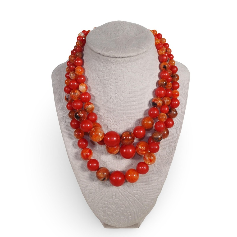 Vintage Signed Cera Triple Strand Red Orange Beaded Necklace Graduated OS
